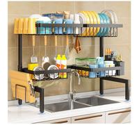 PurKeep Dish Drainer Rack - Over the Sink Dish Drying Rack with 4 Basket, 2-Tier Expandable (24.8 "-35.4") Kitchen Dish Rack with Metal Hook, Black