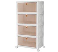 PurKeep Storage Boxes with Lid - 23L*4 Tier Plastic Storage Box with Lid, Stackable Boxes with Wheels, Storage Drawers with Front Door, Plastic Box for Home and Office, White, 4 Packs