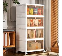 PurKeep Storage Boxes with Lid - 28L*4 Tier Plastic Storage Box with Lid | Stackable Storage Boxes with Wheels,Plastic Storage Drawers with Front Door, Plastic Box for Home and Office, White, 4 Packs