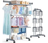 PurKeep Thicken & Durable Clothes Airer, Extra Large 4-Tier Capacity Foldable Clothes Drying Rack with Wheels, Stainless Steel Clothes Horse for Indoor/Outdoor Use in Bedroom, Laundry Room
