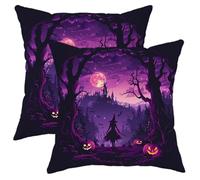 Purlpe Silhouett Witch Pillow Covers 18x18 Set of 2, Comfy Halloween Witchy with Cat Printing Velvet Pillow Cases Kits with Zipper, Trippy Decor for Home Sofa Livingroom Bed