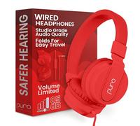 Puro Sound Labs PuroBasic Volume Limiting Wired Headphones for Kids, Foldable & Adjustable Headband w/Microphone, Compatible with Smartphones, Tablets and PC’s (Red)