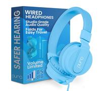 Puro Sound Labs PuroBasic Wired Headphones with Volume Limitation for Children, Foldable and Adjustable Headband with Microphone, Compatible with Smartphones, Tablets and PC (Blue)