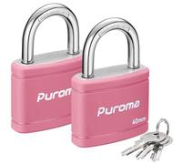 Puroma 2 Pack Keyed Padlock with 3 Keys Alike, 7/8 Inch Locker Lock 40mm Heavy-Duty Locks for Gate Fence Hasp Cabinet Toolbox School Gym Locker (Pink)