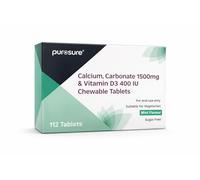 PUROSURE Calcium Carbonate 1500mg with Vitamin D3 400 IU - Mint Flavour | 112 Chewable Tablets | High-Strength Bone & Teeth Support | Easy-to-Chew Calcium with D3
