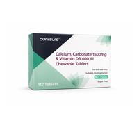 PUROSURE Calcium Carbonate 1500mg with Vitamin D3 400 IU - Mint Flavour | 112 Chewable Tablets | High-Strength Bone & Teeth Support | Easy-to-Chew C