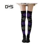 (purple) 1 Pair Winter Socks Rhombus Printing Over-the-knee Socks Warm Extra Loose Ankles Contrasting Color Stockings for Daily Wear Dancing