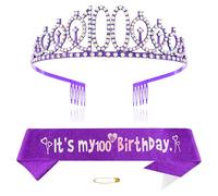 Purple 100th Birthday Tiara Sash for Girls Princess Crown Crystal Queen Tiara Birthday Headbands Happy Birthday Decorations Birthday Sash Tiara Kit Girl Birthday Clothing Accessories Party Supplies