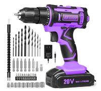 Purple 20v Cordless Drill With Battery And Charger, Electric Screwdriver Kit, 25+1 Torque, Stud Finder Ready,Front LED Light