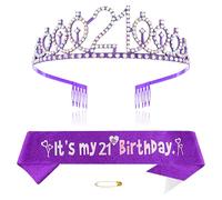 Purple 21st Birthday Tiara Sash for Girls Princess Crown Crystal Queen Tiara Birthday Headbands Happy Birthday Decorations Birthday Sash Tiara Kit Girl Birthday Clothing Accessories Party Supplies