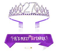 Purple 27th Birthday Tiara Sash for Girls Princess Crown Crystal Queen Tiara Birthday Headbands Happy Birthday Decorations Birthday Sash Tiara Kit Girl Birthday Clothing Accessories Party Supplies