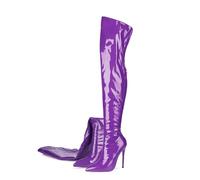 Purple,35,Women's Patent Leather Thigh High Boots, Sexy Closed Pointed Toe Stiletto Heels Party Dress Over The Knee Boots, Large Size Pu Full Back Zip Long Boots