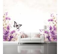 Purple 3D Mural Wallpaper Children's Room, Modern Hand-Painted Nordic Garden Butterflies Non-Woven Photo Wallpaper Bedroom Wall Decoration - 350 x 256 cm Wall Murals for Living Room Home Interiors