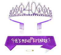 Purple 40th Birthday Tiara Sash for Girls Princess Crown Crystal Queen Tiara Birthday Headbands Happy Birthday Decorations Birthday Sash Tiara Kit Girl Birthday Clothing Accessories Party Supplies