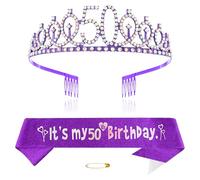 Purple 50th Birthday Tiara Sash for Girls Princess Crown Crystal Queen Tiara Birthday Headbands Happy Birthday Decorations Birthday Sash Tiara Kit Girl Birthday Clothing Accessories Party Supplies