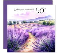 Purple 50th Card Birthday Card - Beautiful landscape Purple Lavender Fields Birthday Card for 50 Year old fifty, fiftieth