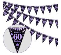 Purple 60th Birthday Decorations for Women - 3 Pack Purple And Black Happy Birthday Bunting Banner, 36 Pieces Pennant, Triangle Flag Banner