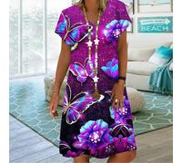 (purple, 6XL) Summer Fashion V-neck Dress Ladies Short Sleeve Butterfly Moon Printed Dress Loose Casual Dress For Women