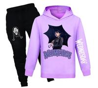(Purple, 7-8 Years) Wednesday Addams Print Tracksuit Kids Girls Casual Hooded Sweatshirt Jogger Pants Outfit Set Activewear