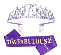 Purple 70th Birthday Sash and Tiara for Women, 70th Birthday Decorations for Women, 70 & Fabulous Sash and Crown Set, 70th Birthday Gifts for Women, Happy 70 Birthday Party Supplies