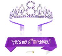 Purple 8th Birthday Tiara Sash for Girls Princess Crown Crystal Queen Tiara Birthday Headbands Happy Birthday Decorations Birthday Sash Tiara Kit Girl Birthday Clothing Accessories Party Supplies