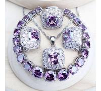 (purple, 9) Wedding Silver Color Jewelry Set For Women Bridal Cubic Zircon Rings/bracelets/earrings/pendant Necklace Set