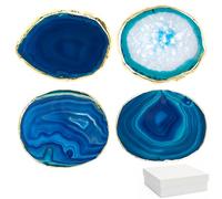 Purple Agate Coasters Set of 4 with Gift Box, Luxiv 3-4" Agate Coasters for Drinks Natural Crystal Coasters with Gold Edge Brazilian Geode Stone Coaster for Coffee, Drinks, Tea (Blue, 3-4 inche)