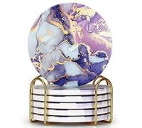 Purple Agate Coasters With Holder - Absorbent Drink Set of 6 Modern Marble Coasters for Coffee Table, Kitchen - Unique Geode Decor Gift for Women - Cool Bar and Cute Ceramic Cup Coasters