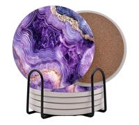 Purple Agate Marble Round Coasters Set of 6 - Abosrbent Ceramic Coasters with Metal Stand for Drinks, Coffee, Non-Slip Cork Back for Tabletop Protection, 4 Inches Marbled Pattern (Amethyst)