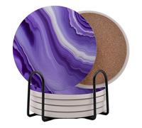 Purple Agate Marble Round Coasters Set of 6 - Abosrbent Ceramic Coasters with Metal Stand for Drinks, Coffee, Non-Slip Cork Back for Tabletop Protection, 4 Inches Marbled Pattern (Deep Purple)