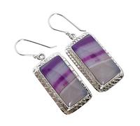 Purple Agate Rectangle Earrings - Bold 24x12mm Cabochon Stones in 925 Silver, Bezel Set, Fish Hook, 50mm Long Ethnic Jewelry