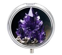 Purple Amethyst Metal Pill Organizer, 3 Compartment Waterproof Pill Case with Mirror for Purse Pocket Bag, Daily Medicine Vitamin Holder, Portable Travel Med Container(Round)
