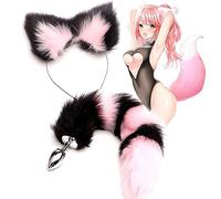 Purple Anal Plug Cosplay Set Butt Plug Tail Ear Headband Fox Tail Bunny Buttplug Tail Set Fox Cat Ears with Stainless Steel Headband Nipple Clamps for Women Sex Pleasure 3PCS (Black Pink)