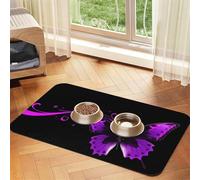 Purple and Black Butterfly Pet Feeding Mat Absorbent Pu Leather Dog Cat Food Mats Contain Spills Protects Floors, Anti-Slip Rubber Backing Dog Bowl Mats Easy Clean Pet Placemats 40x60cm