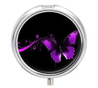 Purple and Black Butterfly Pill Box Portable Mini Travel Pill Organizer Holder 3 Compartment Decorative Round Pills Case Exquisite Daily Vitamin Container for Cod Liver Oil