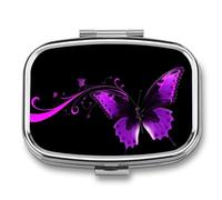 Purple and Black Butterfly Pill Box with 2 Compartments Portable Metal Medicine Organizer for Pocket Purse and Travel Compact Pill Case and Fish Oil Vitamins Supplements
