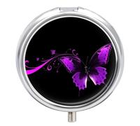 Purple and Black Butterfly Pill Organizer 3 Compartments, Round Small Pill Box for Purse & Pocket, Portable Daily Medicine Box to Hold Vitamins, Supplements, Pills, Fish Oil