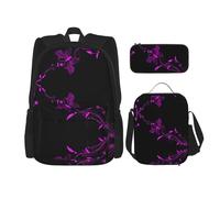 Purple And Black Butterfly Print 3 Piece Set Backpack, Lunch Bag, Pencil Case, Cute Sturdy For College And Travel