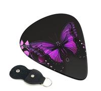 purple and black butterfly Printed Guitar Picks, 6 Pack with Leather Keychain Pick Holder - 0.46mm, 0.71mm, 0.96mm Assorted Thickness for Acoustic Ukulele, Electric Guitar, Acoustic Guitar, Bass