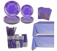 Purple and Gold Party Tableware Set - Plates, Cups, Napkins, Tablecloth, Straws - for Wedding Birthday Party Anniversary Baby Shower Serves 25 Guests (Purple)