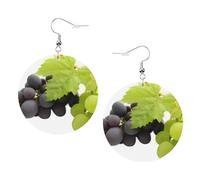 Purple And Green Grapes Prints Leather Round Earrings Pendant Stylish And Light Lightweight Dangle For Women Girls, One Size, Leather, No Gemstone
