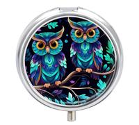 Purple and Green Owl Pill Box Cute Round Pill Case Portable Medicine Tablet Vitamin Holder Organizer for Purse Pocket