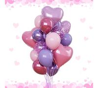 Purple and Pink Balloons Heart Balloons as Princess Birthday Party Decorations, Metallic Magenta Hot Pink Purple Confetti Balloon 18 inch Clear Heart Shape Balloon for Girls Happy Birthday Party Decor