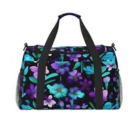 Purple and Teal Flower Print Functional Travel Tote Ample Space Travel Bag Foldable Carry On Tote for Weekender