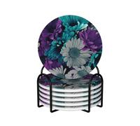 Purple And Teal Flowers Ceramic Coaster Set Of 6 – Decorative Drink Coasters - Heat-Resistant Scratch-Proof Kitchen Coasters Dining Room Coasters Water Absorption Coasters