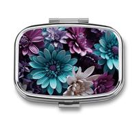 Purple and Teal Flowers Pill Box 2 Compartment Travel Pill Organizer with Mirror Design Portable Pillcase for Pocket Or Purse Square Medicine Case Weekly Medicine Container Holder for Daily Meds