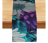 Purple And Teal Flowers Print Dining Table Runner Modern, Washable Faux Linen Table Runner For Farmhouse And Kitchen