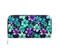 purple and teal flowers Print Elegant Leather Hand Wallet Women Capacity Big Casual Wallet Travel-Ready Wallet, Black, One Size, Art