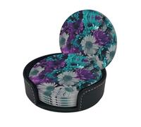 Purple And Teal Flowers Print Round Leather Coasters - Set Of 6, Ultra-Fiber Pu Leather