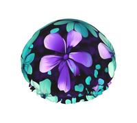 Purple And Teal Flowers Print Shower Cap For Women Lightweight Reusable Softdouble Waterproof Layers Leakproof.